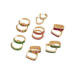 14K gold plated hoop earrings set with colorful heart and round zircon stones
