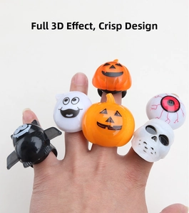 Close-up of Halloween LED rings featuring pumpkin, skull, and bat designs on fingers