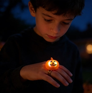 Close-up of a glowing pumpkin LED ring with spooky face texture for Halloween party fun
