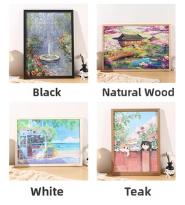 Detail of wooden puzzle frames in black, natural, white, and teak colors for home decor