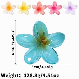 Detail showing 7.5cm frangipani hair claw clip with colorful resin petals and flower design