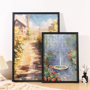 Solid wood frames for 1000-piece puzzles featuring artistic landscape and garden scenes