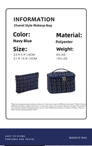 Detail of navy blue tweed cosmetic bag set including flat pouch and handled storage case