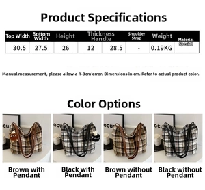 Size chart showing dimensions for the large capacity canvas tote bag with check patterns