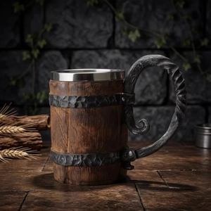 Viking style wooden barrel beer mug with 304 stainless steel liner and rivet handle