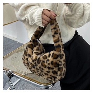Close-up of leopard print plush handbag with high-quality metal zipper and fluffy texture