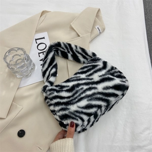 Women Plush Underarm Bag Faux Fur Leopard Zebra Print Shoulder Hobo Handbag For Autumn Winter Fashion