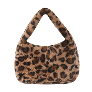 Trendy leopard print plush shoulder bag with a soft faux fur finish and half-moon design