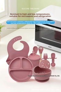 Silicone baby feeding set in dusty rose showing heat resistance from -20C to 200C