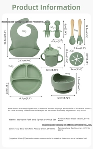 Detailed size and weight chart for 9-piece food-grade silicone baby tableware set with wood handles