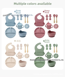 Baby silicone feeding set with bear plate, bib, bowl, cup and wooden spoons in 4 colors