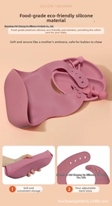 Pink silicone baby feeding set detailing a 4-gear adjustable bib and soft bowl foldable design