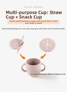 Pink silicone baby cup with measurement scale, dual handles, and two lid options