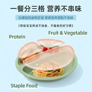 Green silicone baby plate with 3 divided sections for protein, fruit and main courses