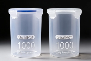Detail of two 1000ml transparent airtight food storage jars with colorful seal rings