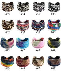 Collage of wide elastic yoga headbands in 16 assorted boho and leopard print patterns
