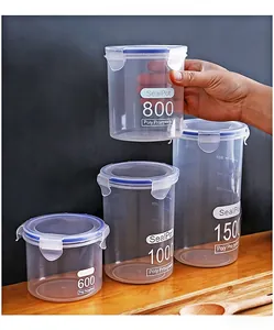 Set of four clear plastic airtight food storage jars in various sizes from 600ml to 1500ml