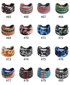 Detailed catalog of 16 stretchy sports headbands featuring bohemian and tie-dye patterns