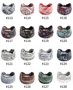 Grid view of 16 stretchy headbands with paisley and geometric patterns in various colors