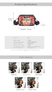 Detailed size specifications and five style variants of the Halloween PU leather crossbody bag