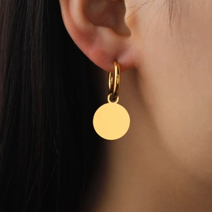 Minimalist gold titanium steel hoop earrings with solid round pendant for women
