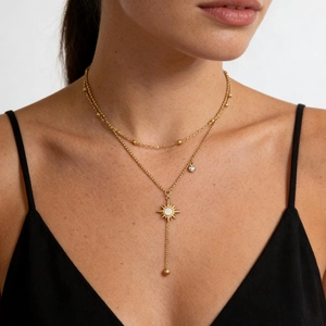 Double Layer Necklace Titanium Steel Mother Of Artificial Pearl Sunburst Pendant Bead Chain Zircon Y-Shaped Long Elegant For Women
