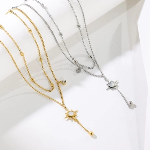 Double-layer 18k gold plated sun pendant necklace with beaded chain and shell inlay