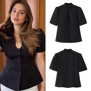 Damen Bluse Stehkragen Schlüsselloch Ausschnitt Puffärmel Schößchen Saum Schmal Geschnitten Polyester Hemd Floral Schwarz