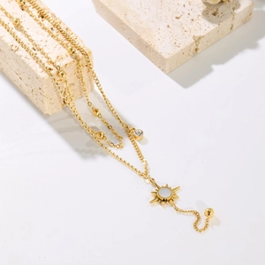 Double layered 18k gold plated sun pendant necklace with beads on natural stone
