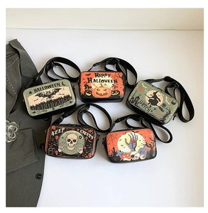 Five Halloween crossbody bags with retro pumpkin, skull, and bat prints on PU leather