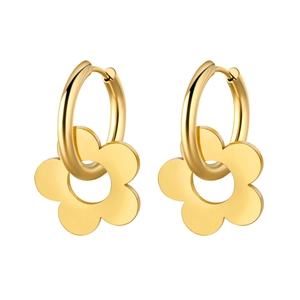 Elegant gold flower hoop earrings in 304 stainless steel with heart floral pendants