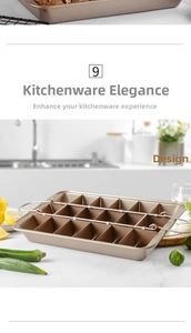 Detail of 18-cavity champagne gold brownie pan with removable divider and metal handles