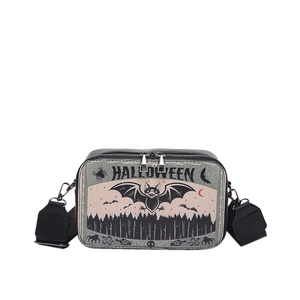 Halloween crossbody bag with Happy Halloween text, bat moon print and black strap