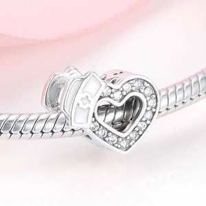 S925 silver heart nurse hat charm with sparkling cubic zirconia on snake chain bracelet