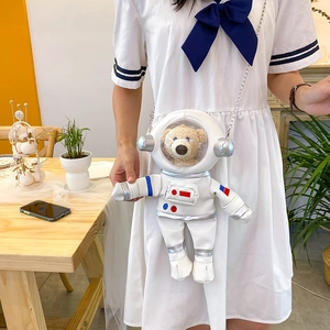 Cute white PU space bear astronaut crossbody bag with plush teddy bear for children