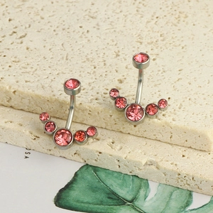 Stainless steel belly button ring with five curved pink cubic zirconia crystals