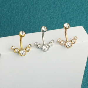 Three-piece stainless steel belly button rings in gold, silver, and rose gold with zircon