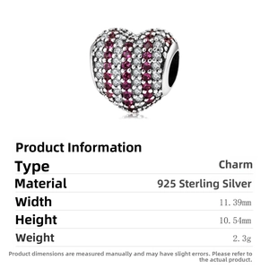 Macro detail showing 925 silver heart charm dimensions 11.39mm with red zircon stripes