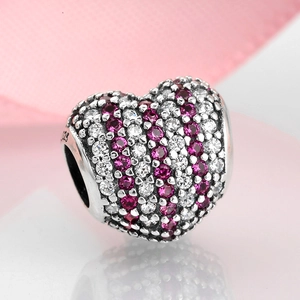 Sparkling S925 sterling silver heart charm with pink and white pavé cubic zirconia