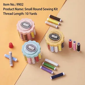 Three round petal-shaped sewing kits in pink, blue and yellow with 10-yard thread rolls