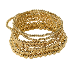 Set of 7 gold beaded elastic bracelets with varying bead sizes in high-polish finish