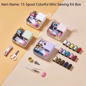 Macro detail of portable sewing kit including 15 colors of thread and sewing tools