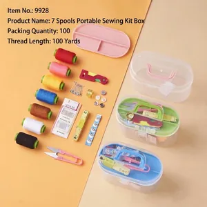 Portable sewing kit with multi-color threads and tools in a translucent storage box