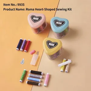 Striped heart-shaped sewing kit with colorful threads and needles in pink and blue