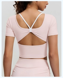 Détail du haut de yoga rose clair avec bretelles croisées blanches et dos papillon ouvert