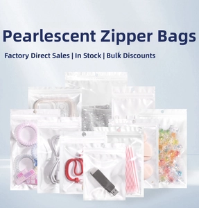Detail showing various sizes of translucent pearlescent zip lock bags for electronics