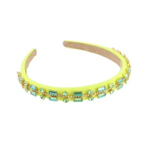 Baroque wide headband in neon yellow fabric with green gemstones and rhinestones