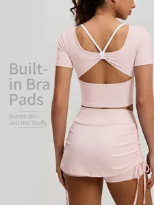 Haut de Yoga Dos Papillon pour Femmes Avec Soutien-gorge Intégré Manches Courtes Respirant Fitness Sport Slim Fit