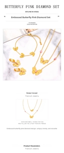 Detail view of titanium steel jewelry set with embossed gold butterflies and pink crystals