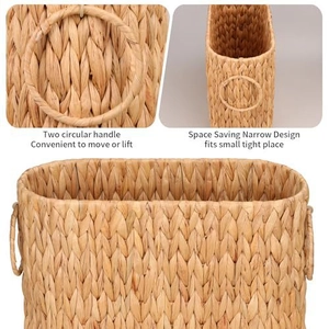 Detail of woven rattan storage basket featuring dual round handles and narrow space-saving design